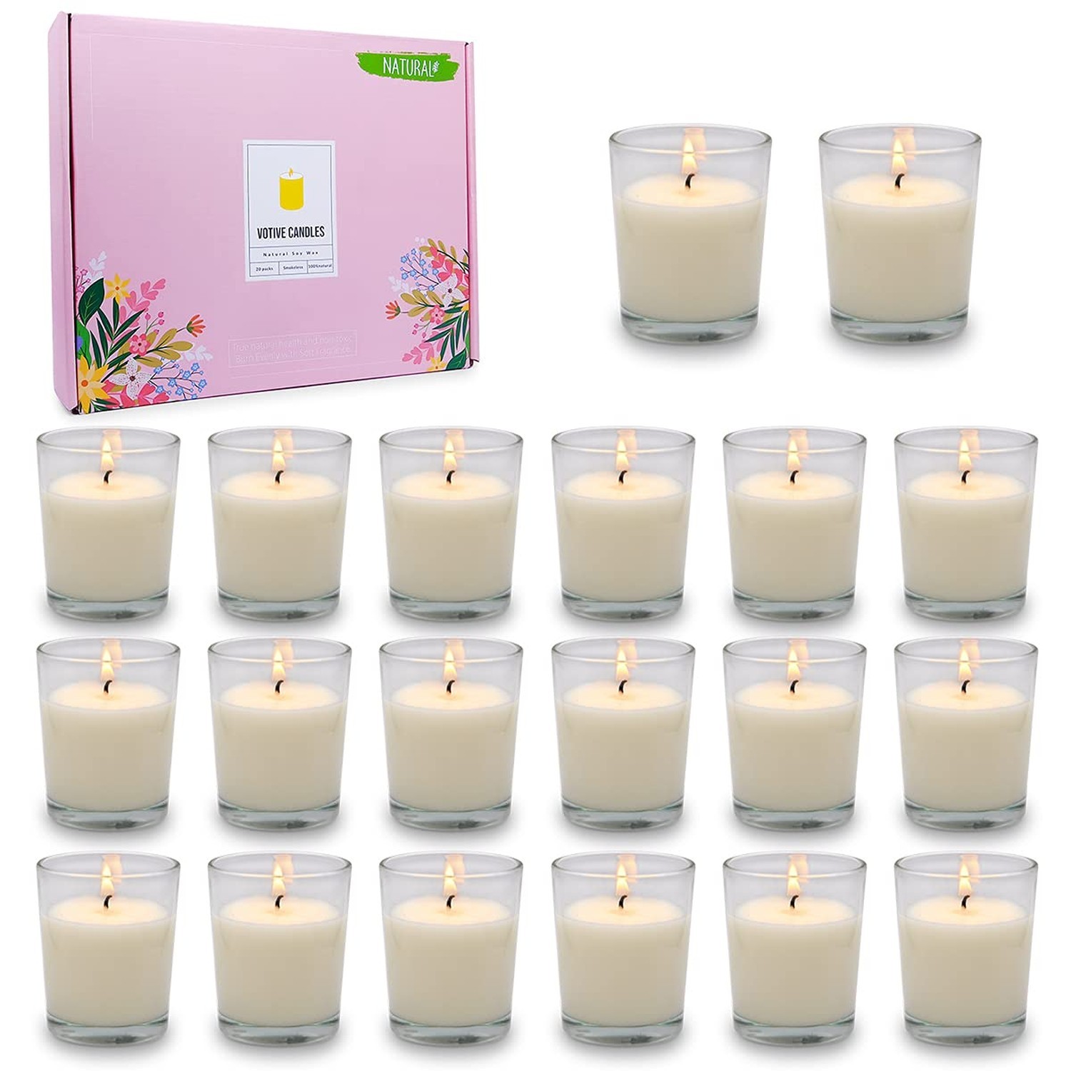 20 Packs Unscented White Votive Candles in Glass, Small 2 Inch Natural Soy Wa…