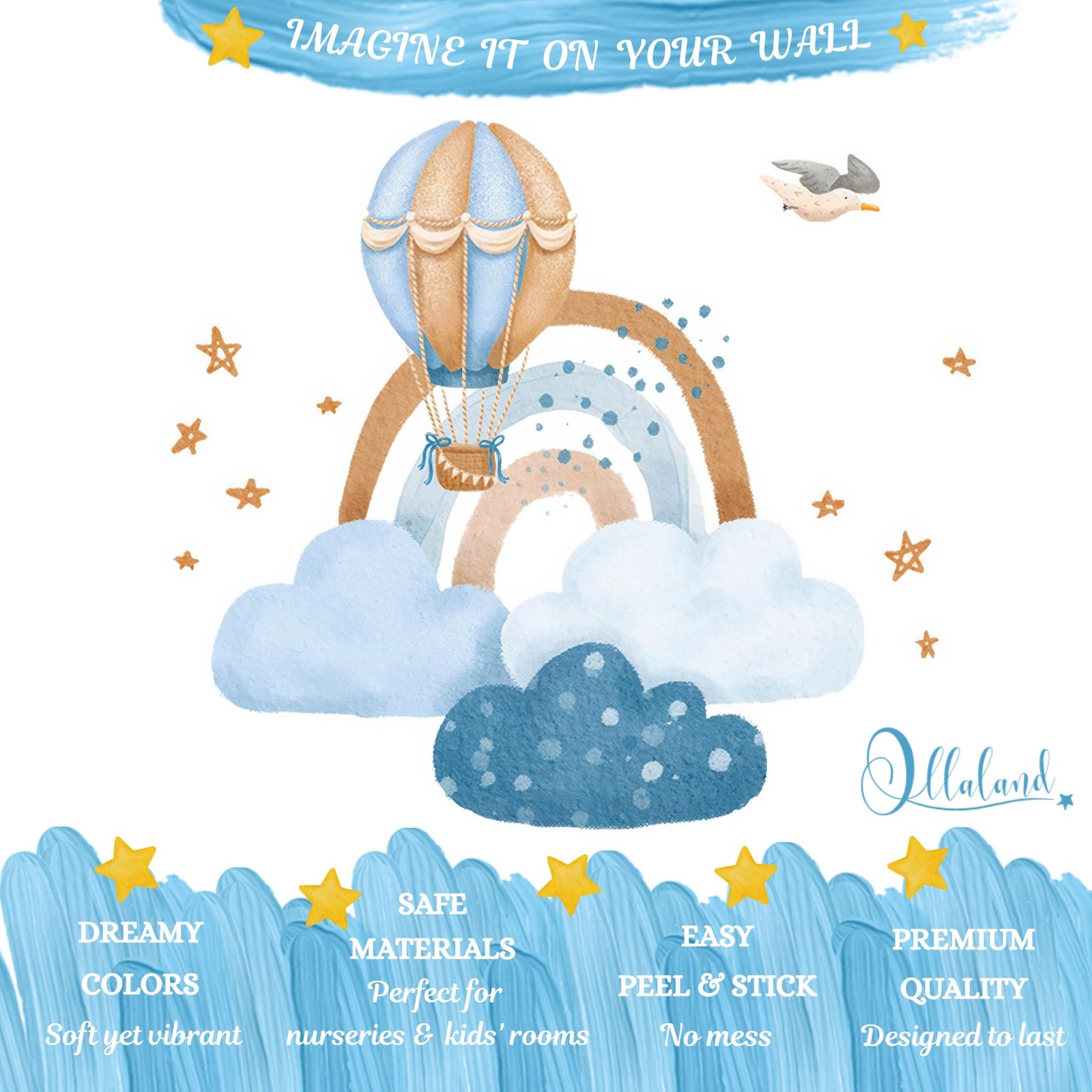 Hot Air Balloon & Clouds Wall Decals – Peel and Stick Watercolor Rainbow Déc…