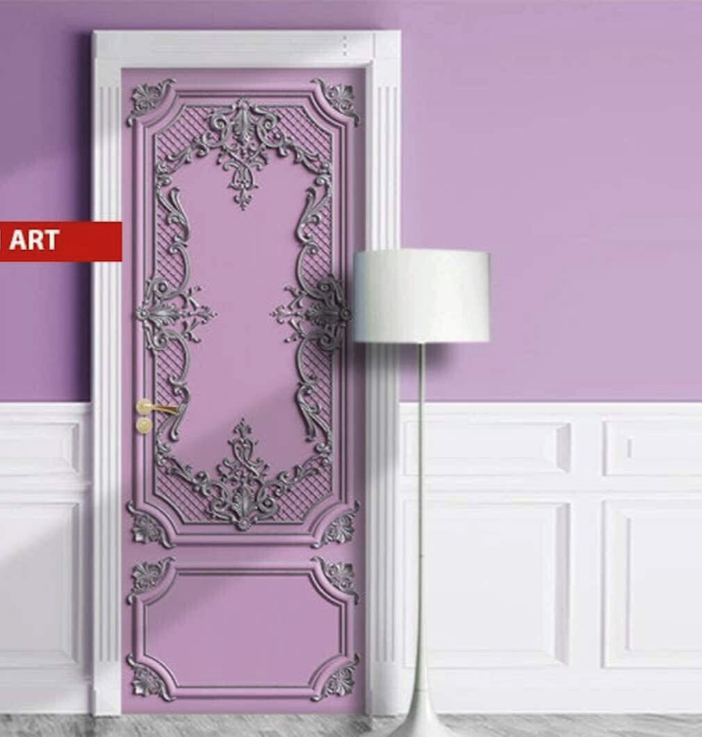 Classic Baroque Door Mural, Pink Laminated Sticker Cover, Single piece