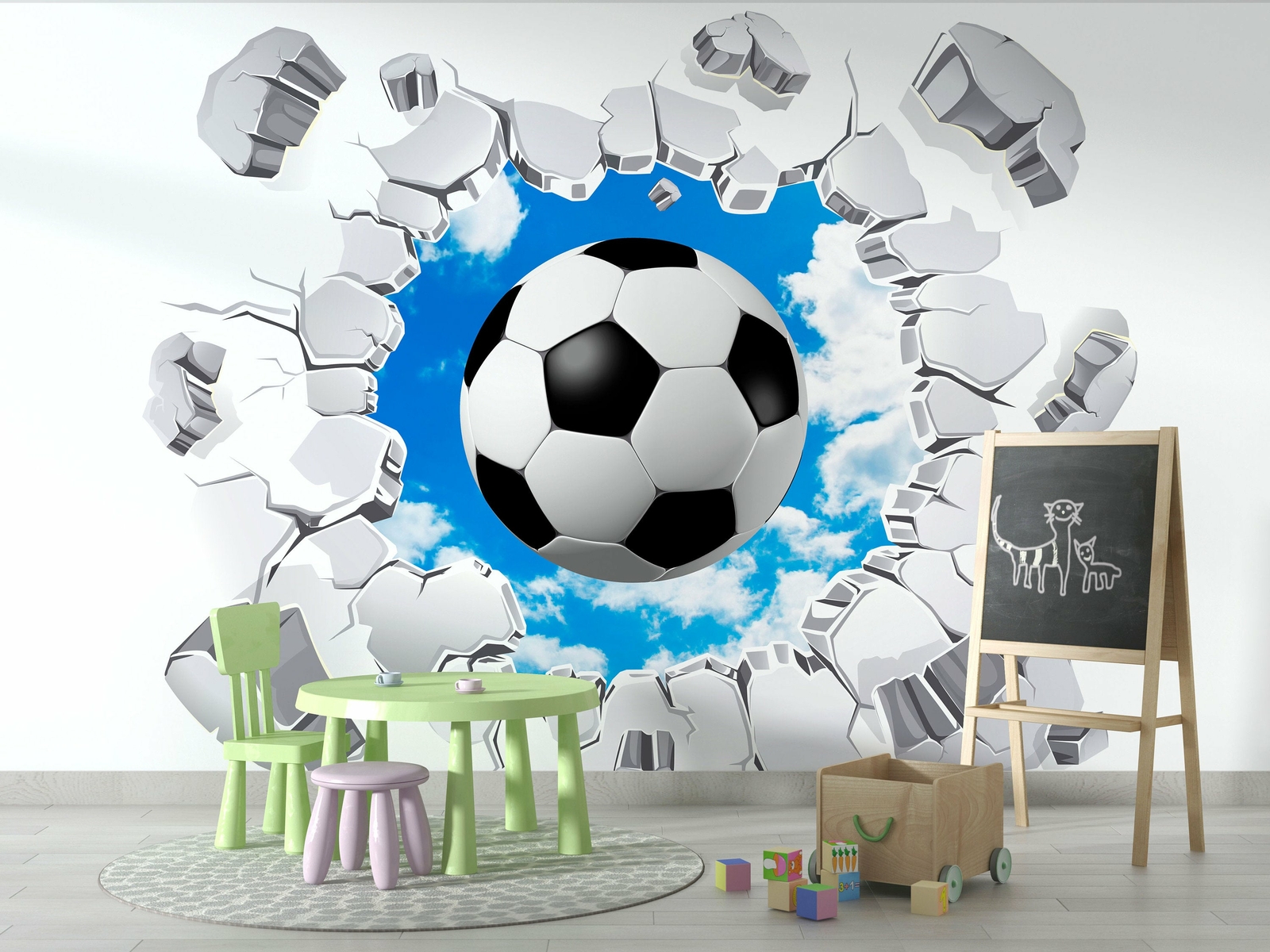 Soccer Ball Through A Brick Wall Wallpaper – Large Wall Mural – Self-adhesive