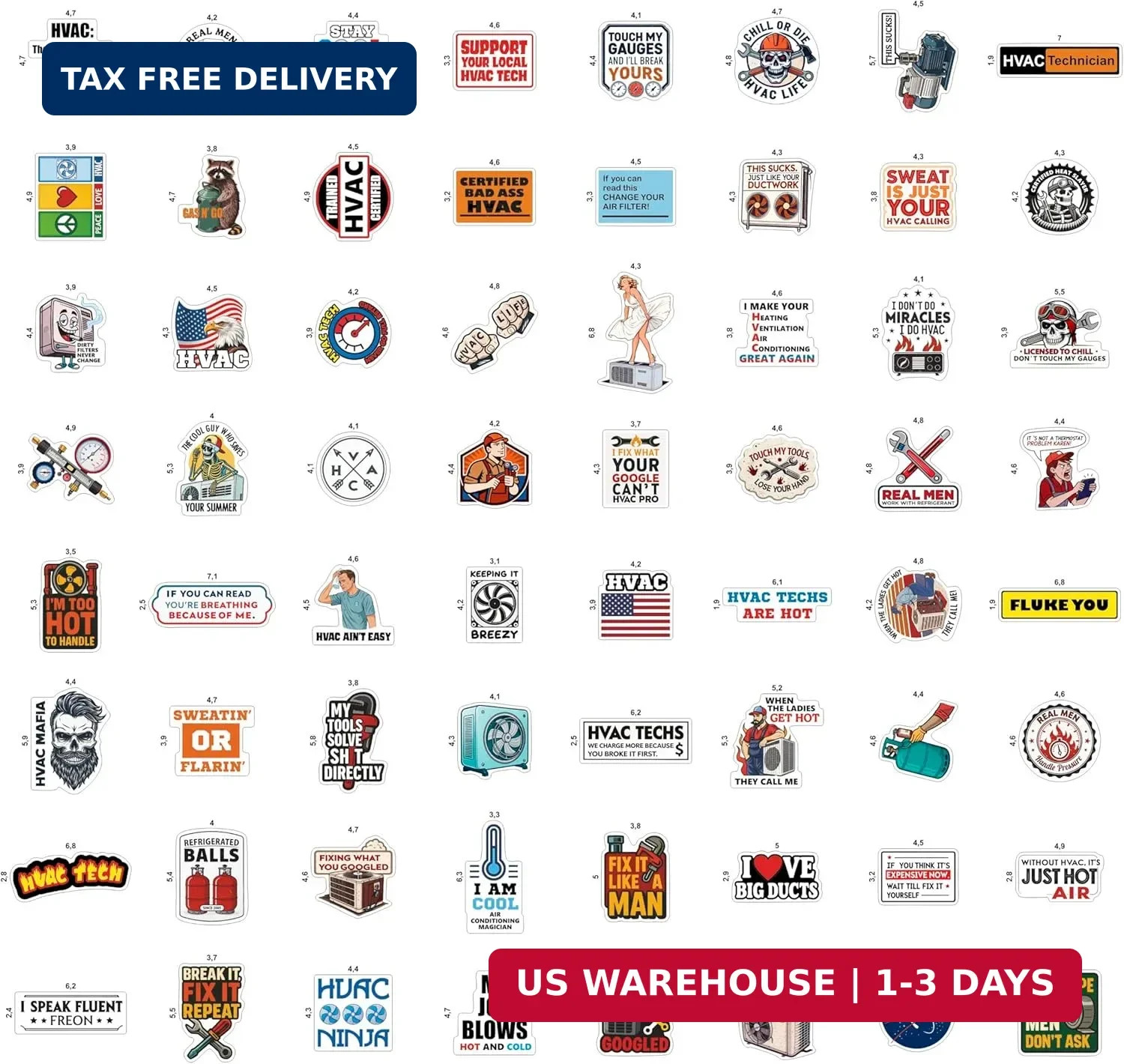 100Pcs HVAC Stickers Hard Hat, Water Bottle, Laptop – HVAC Toolbox Decals – Air