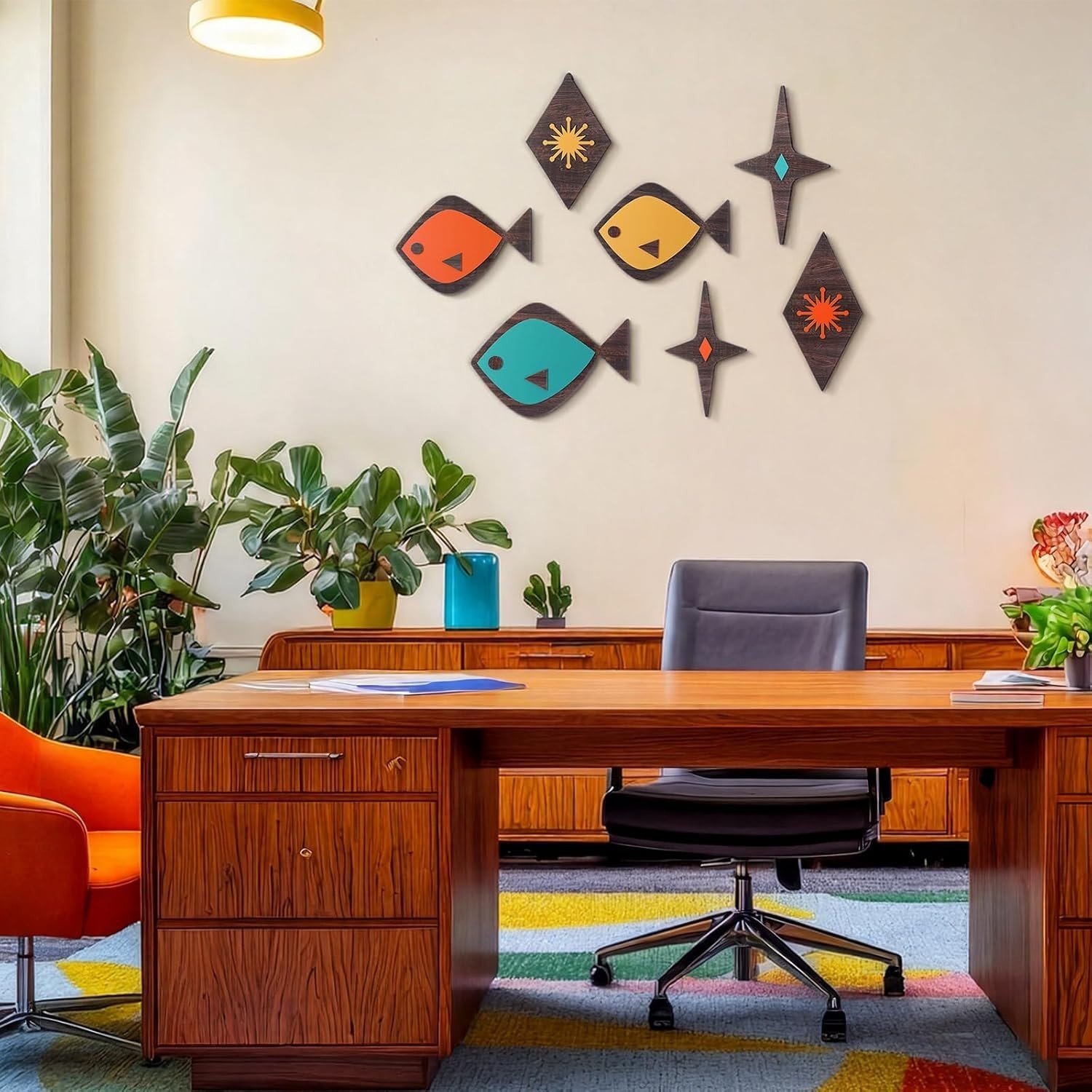 7 Pcs Mid Century Modern Wall Art Abstract Fish Wall Decor Retro Atomic Stars