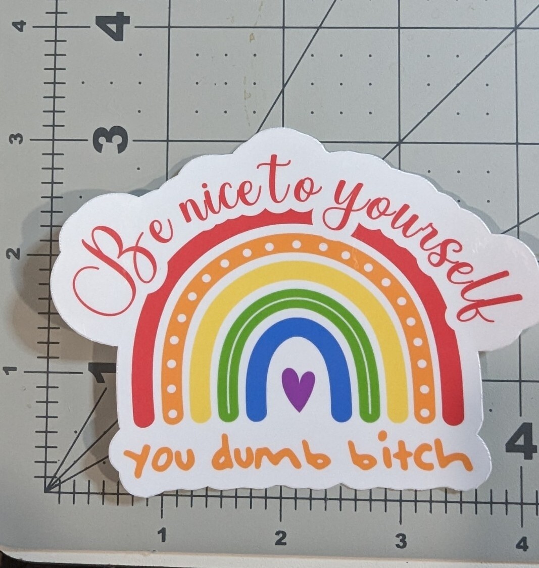 'Be nice to yourself / you dumb b*tch' 3×4" vinyl sticker choose clear or white