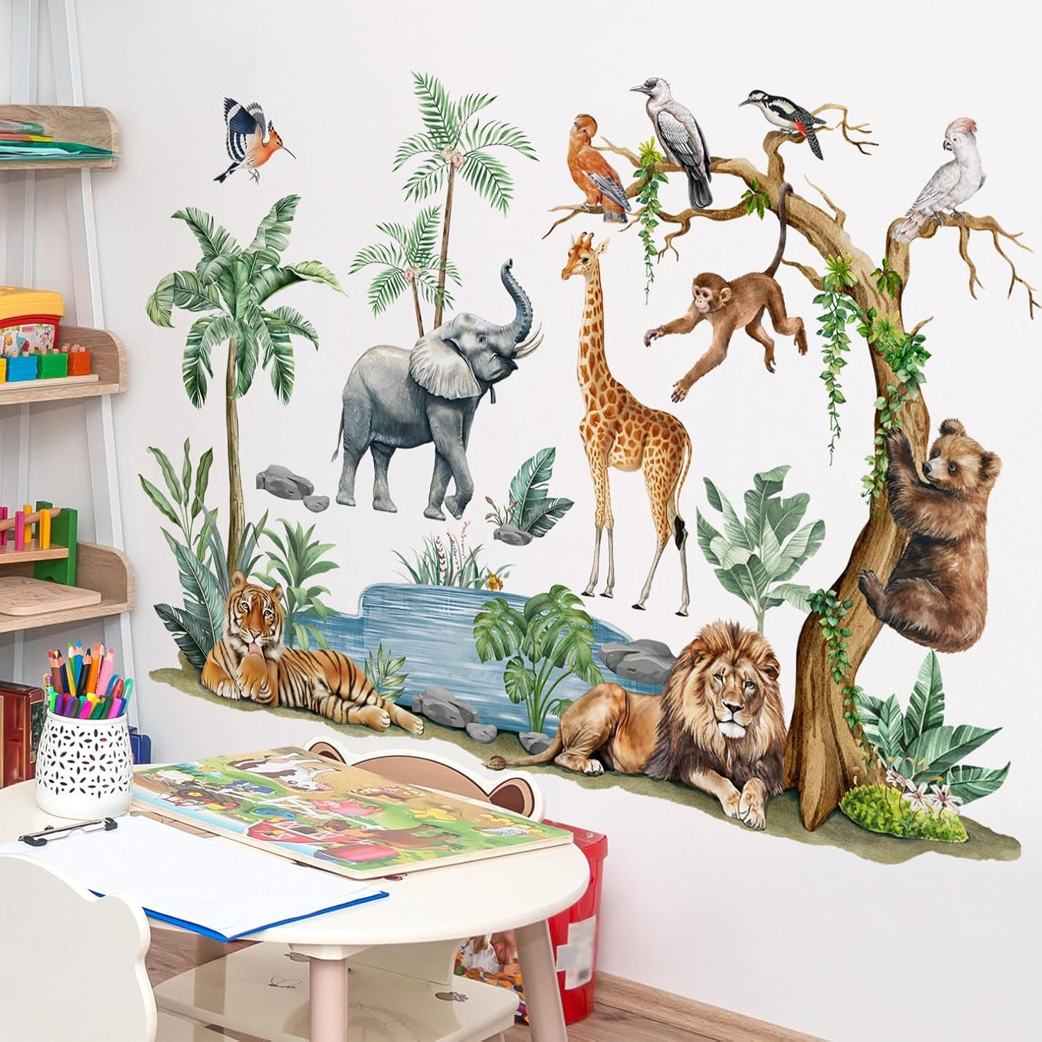 Watercolor Safari Animal Wall Decals – Jungle Tiger Lion Elephant Giraffe Monkey