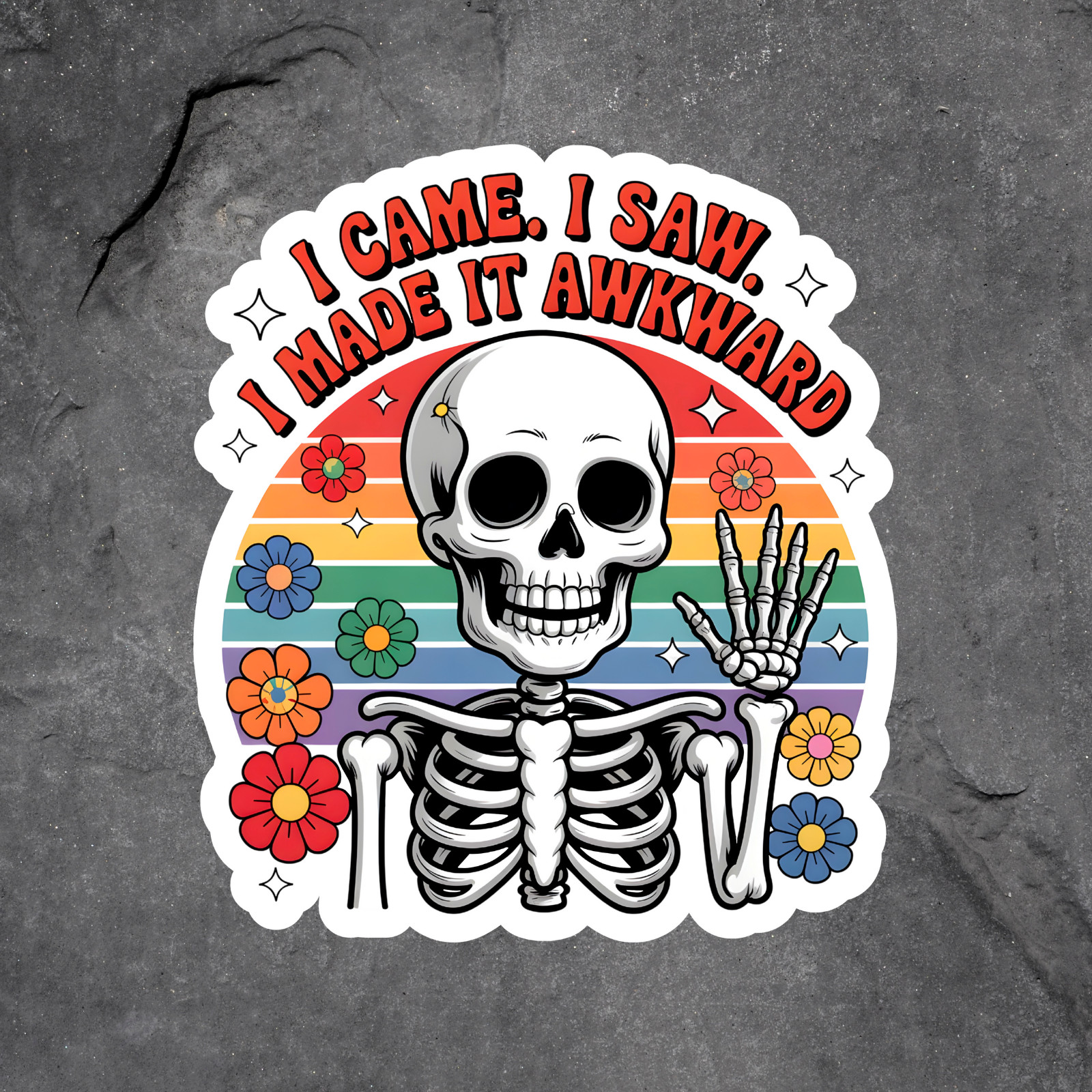 Skeleton sticker vinyl decal awkward rainbow flowers funny skull retro humor