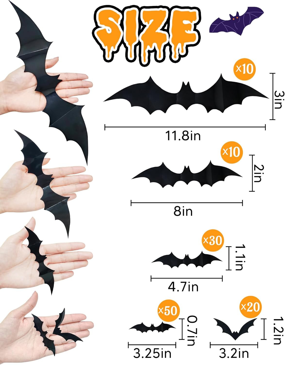Halloween Bat Decorations 120 Pack 5 Sizes 3D Wall Window Door Party Decor