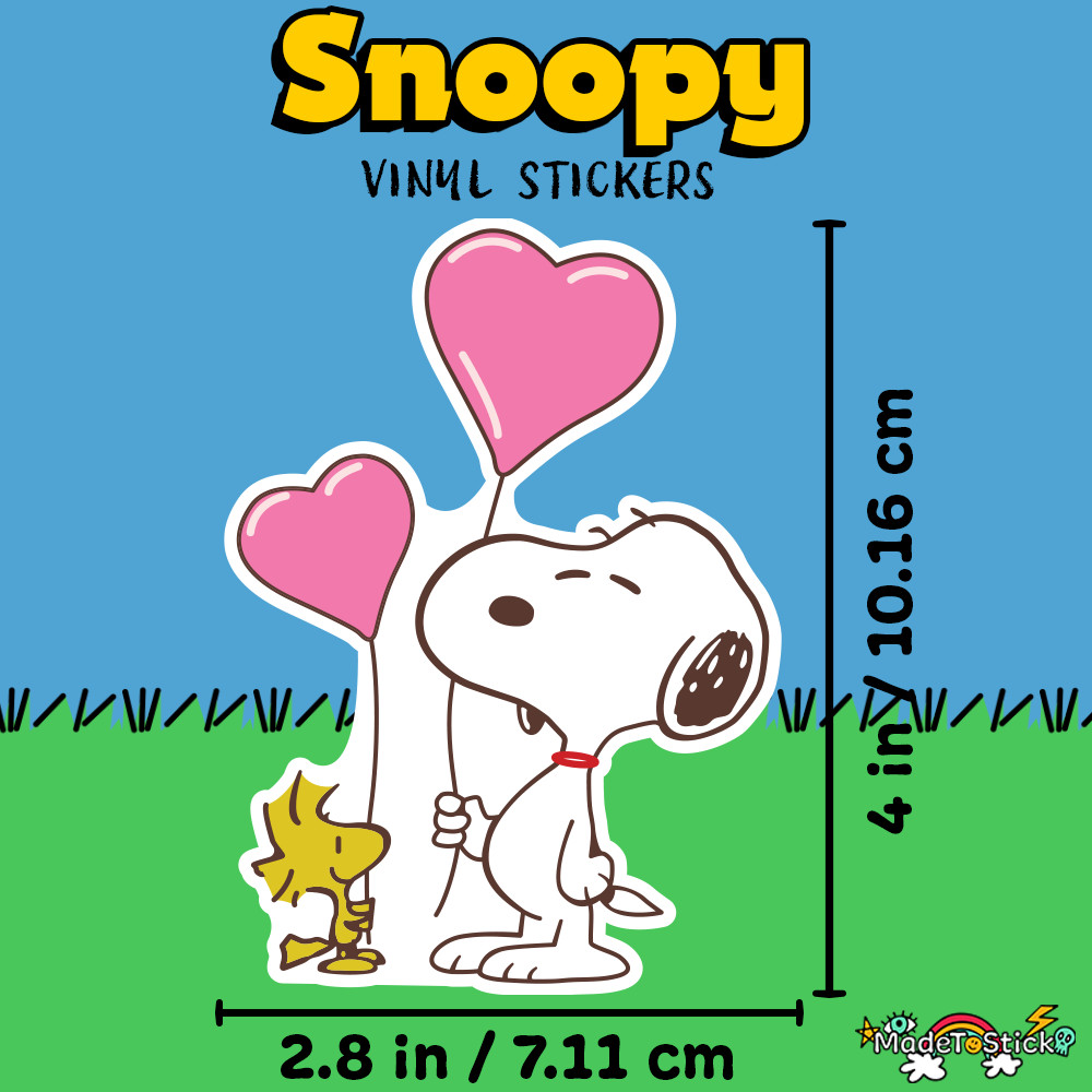 Peanuts Snoopy with heart-shaped balloons next to Woodstock 2.8"W x 4"H