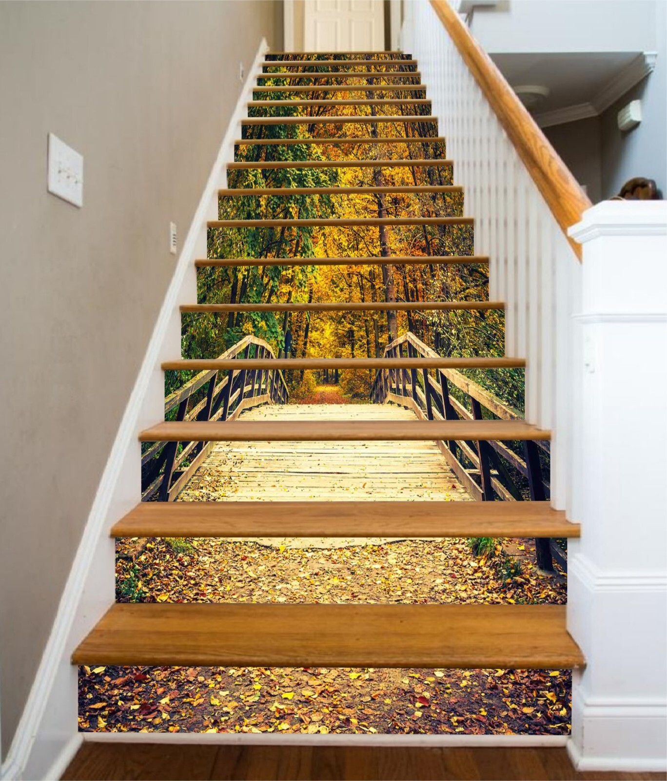 3D Autumn Bridge AZ1295 Stair Risers Decoration Mural Vinyl Wallpaper Kay
