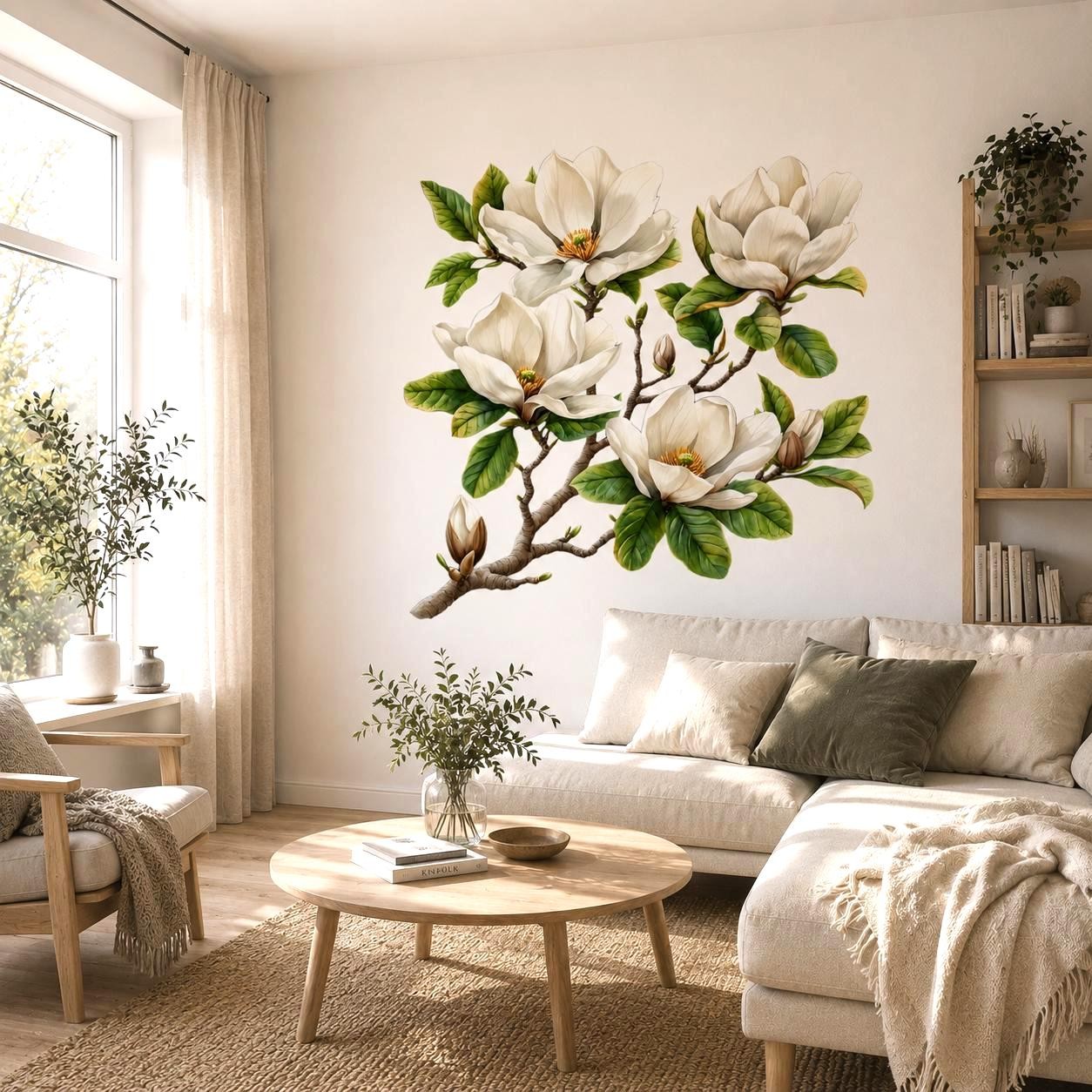 White Magnolia Branch Wall Vinyl Decal | Watercolor Floral Sticker