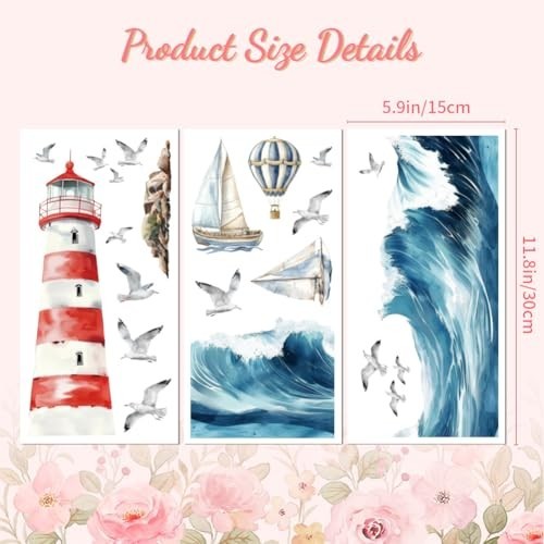 6"x12" Waterproof Waves & Lighthouse Transfer Decal Stickers for Furniture Craft