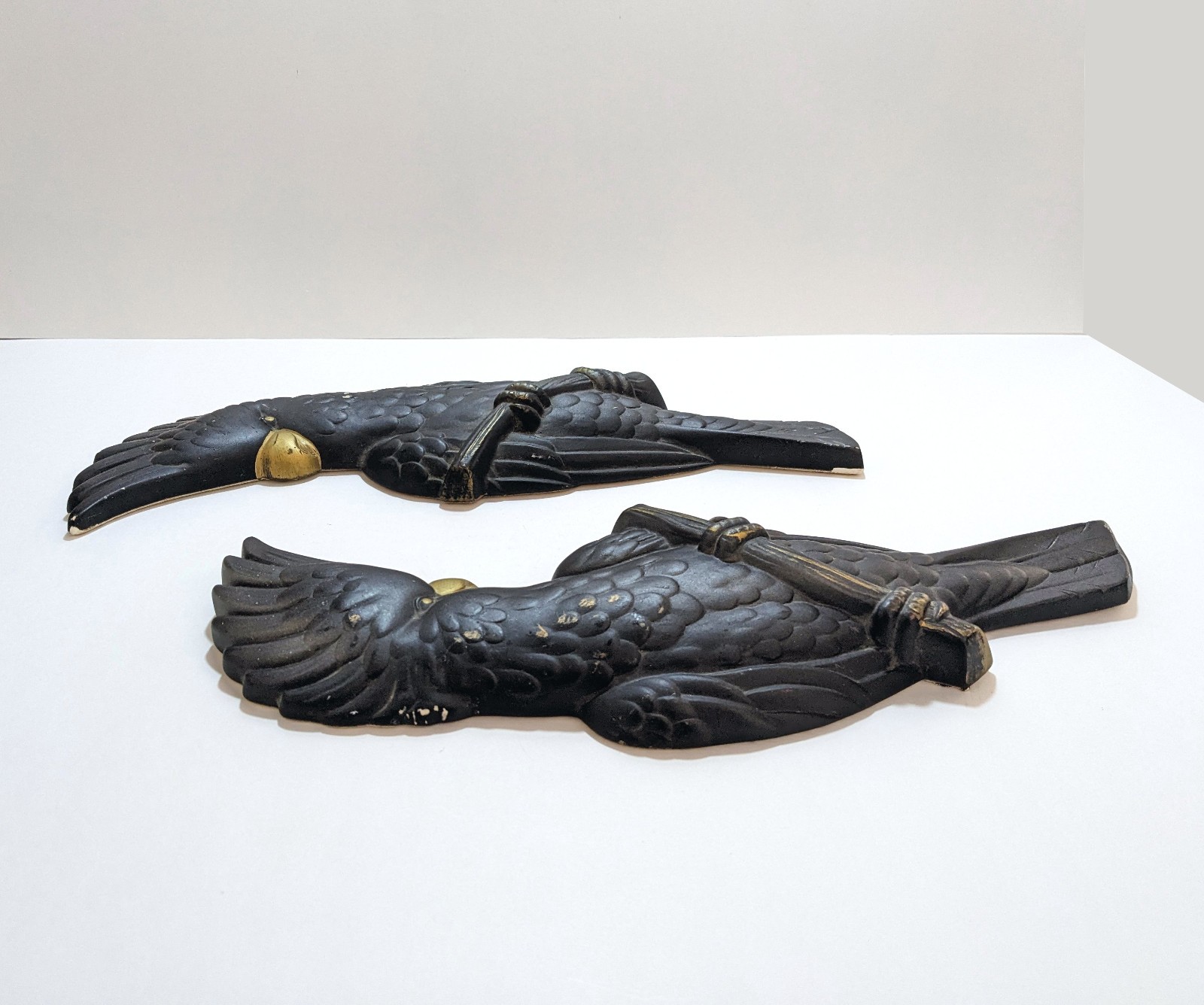 Vtg 1957 Miller Studio Chalkware Cockatoo Wall Plaques Pair Black Gold MCM Birds