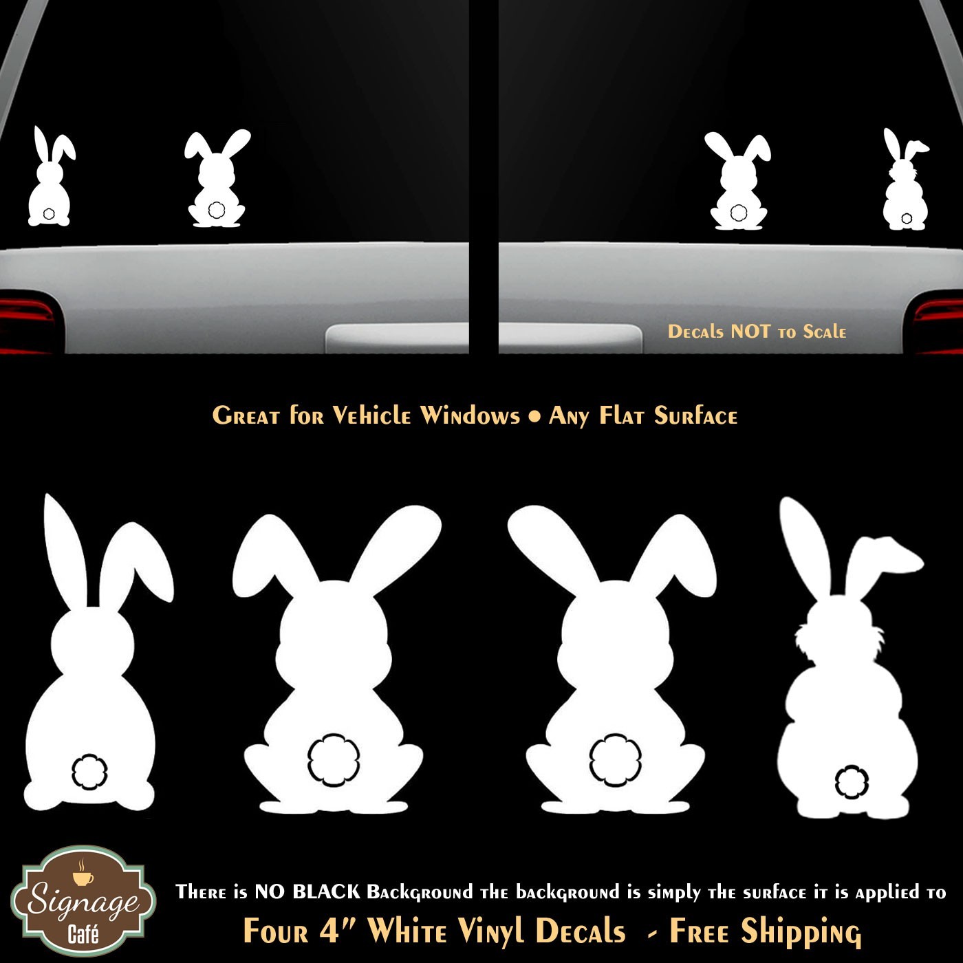 Bunny Rabbits Four 4" White Vinyl Decals Vehicle Window Tumbler Any Flat Surface