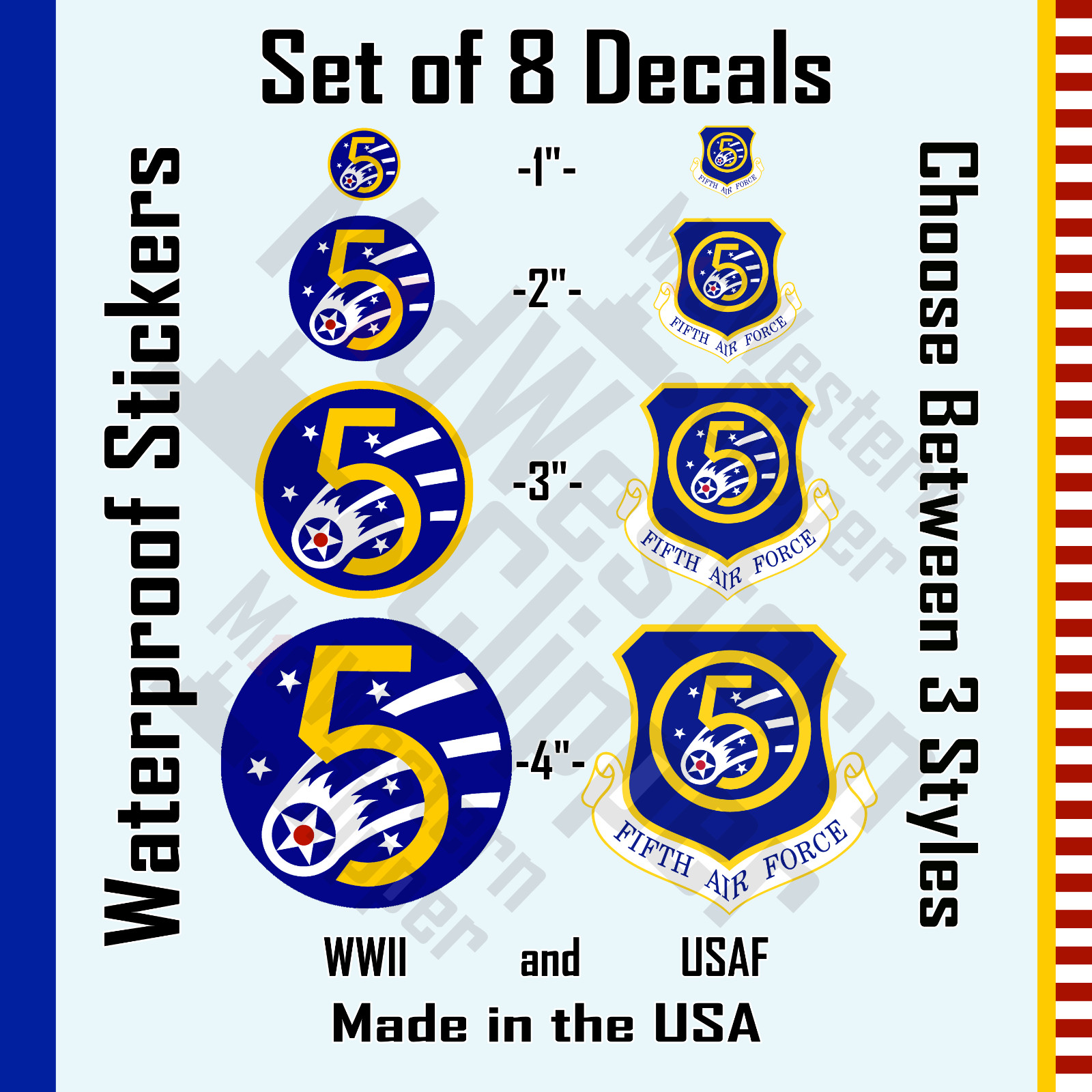 8 5th Air Force patch decals. 2×1"+2"+3"+4" stickers. USAAF USAF WWII. 3 styles