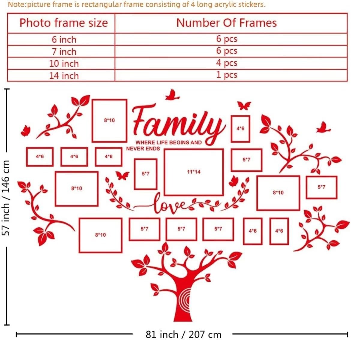 Premium Family Tree Wall Sticker – Acrylic – 57"x81" – 17 Picture Frames