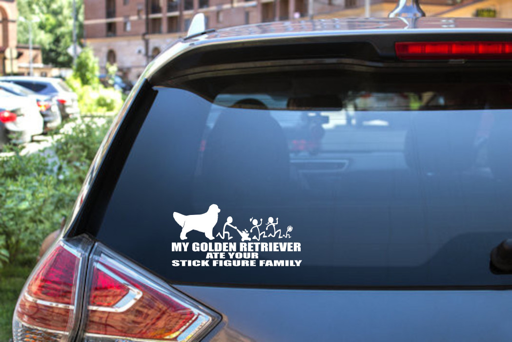 Golden Retriever Stick Figure Family Vinyl Decal – Funny Dog Design #9049S