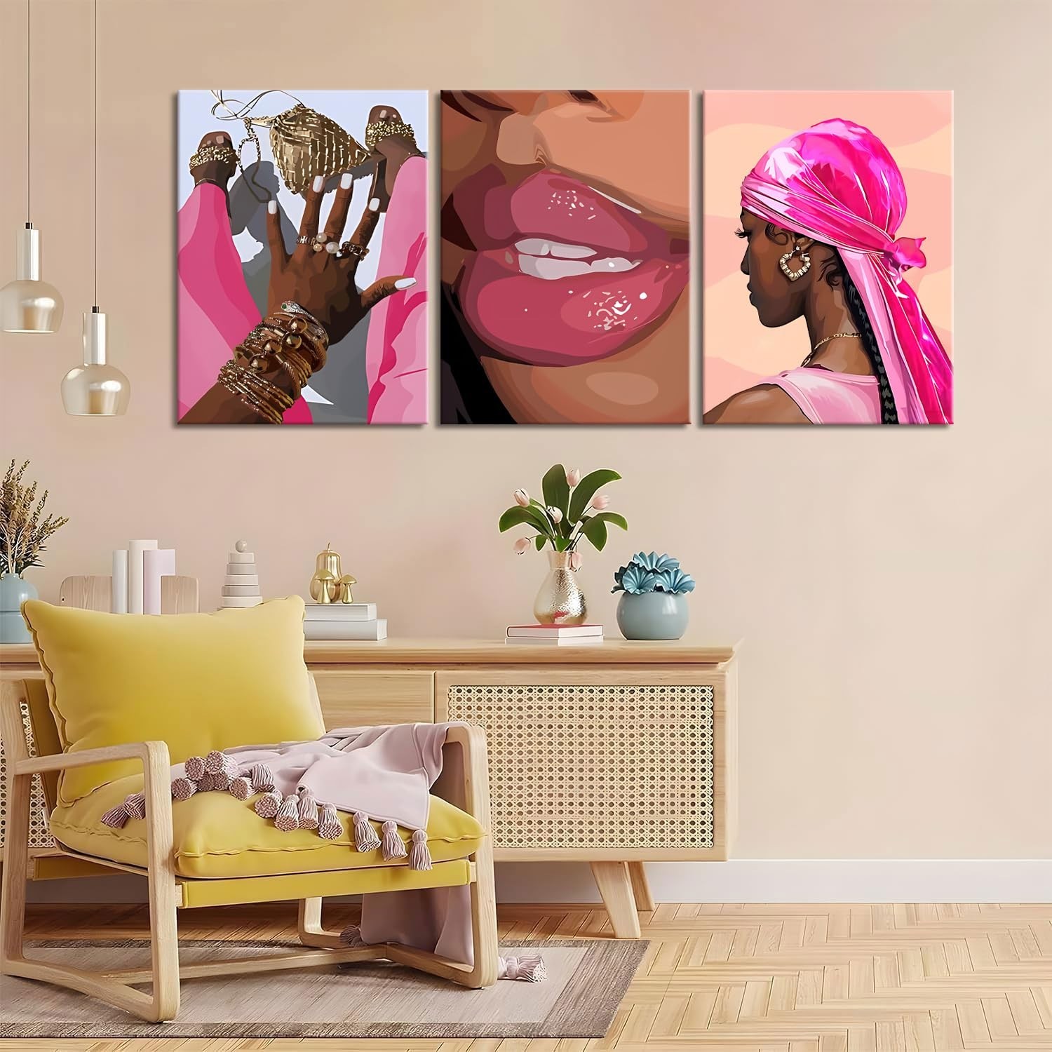 Black Girl Canvas Wall Art Set of 3 Pink African American Black Woman Wall De…