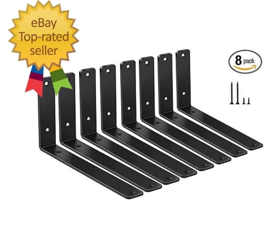 8 Pack – L 10" x H 6" x W1.5, 5mm Thick Black L Shelf Bracket, Iron Shelf Bracke