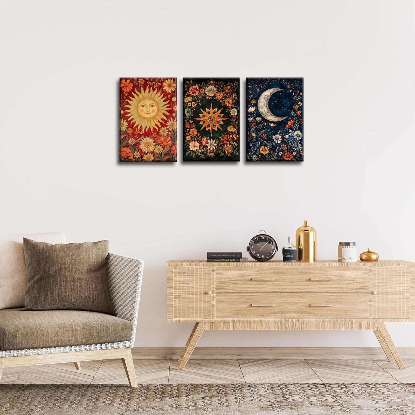 3Pcs Tarot Canvas Wall Art Sun And Moon Celestial painting Decor Pictures Ast…