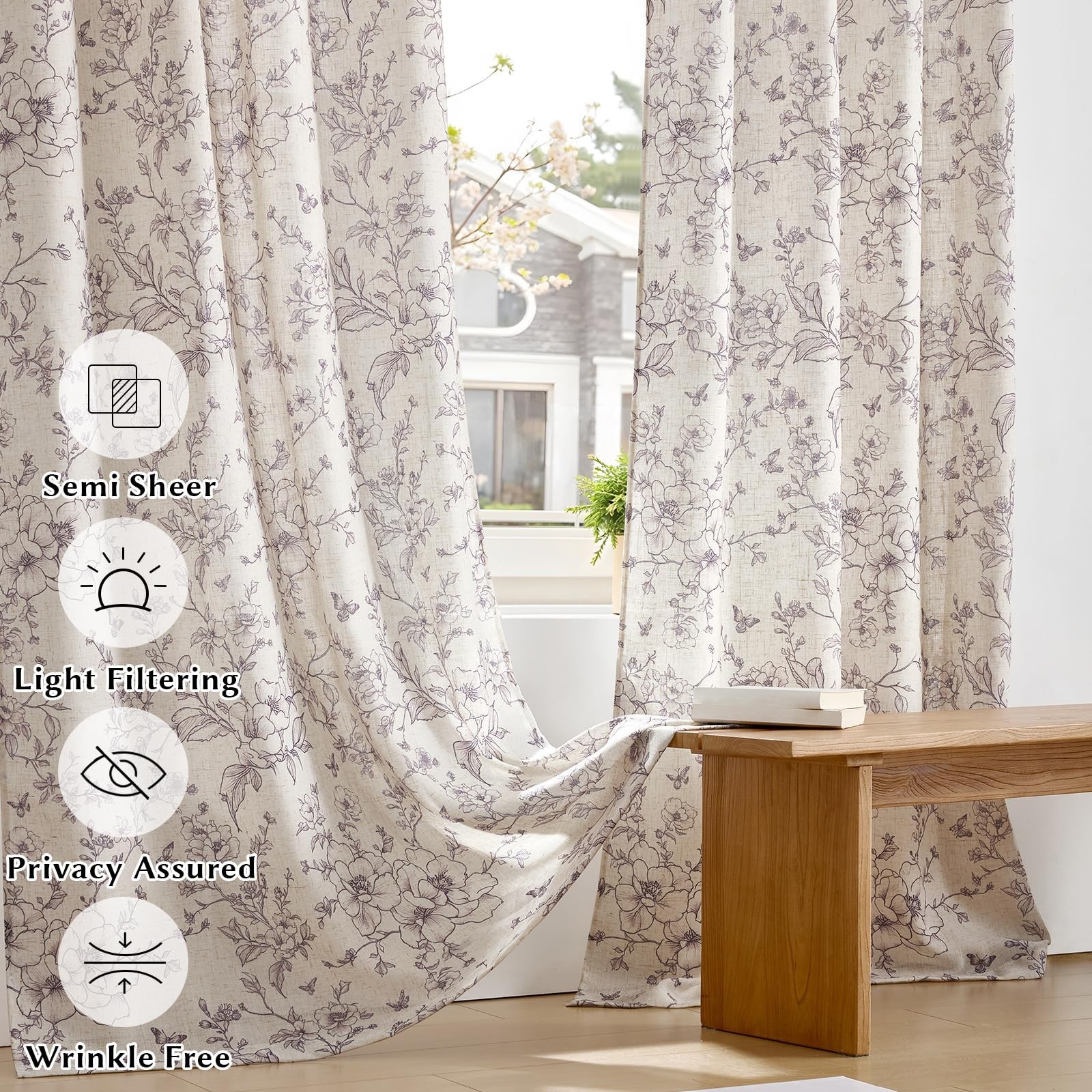GIGIZAZA Purple Floral Curtains 108 Inch 2 Panels, Linen Blend Living Room Se…