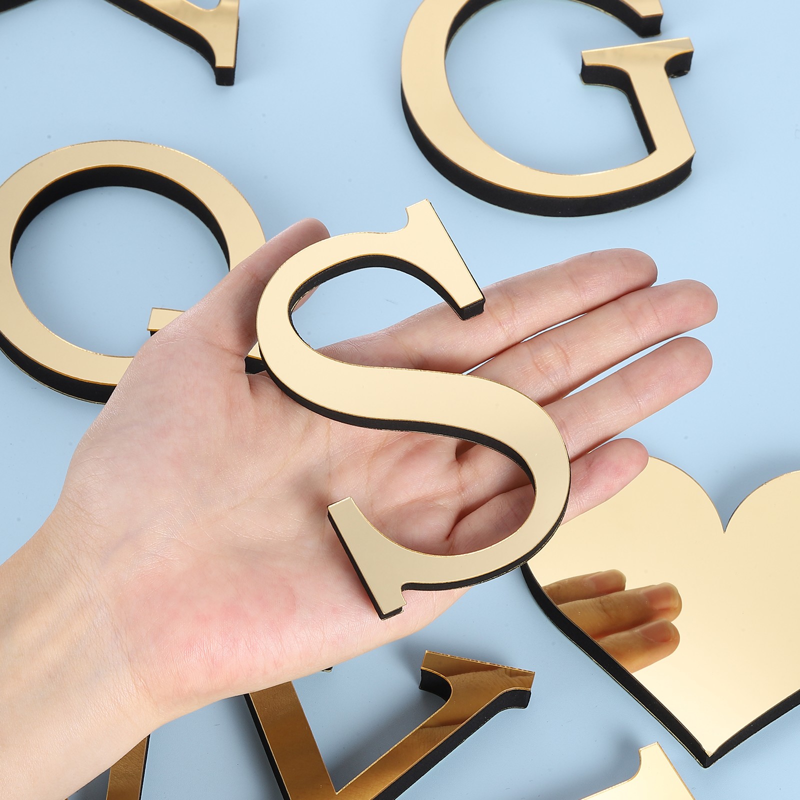 3D Acrylic Alphabet Mirror Wall Stickers Letter S Self-Adhesive Light Gold