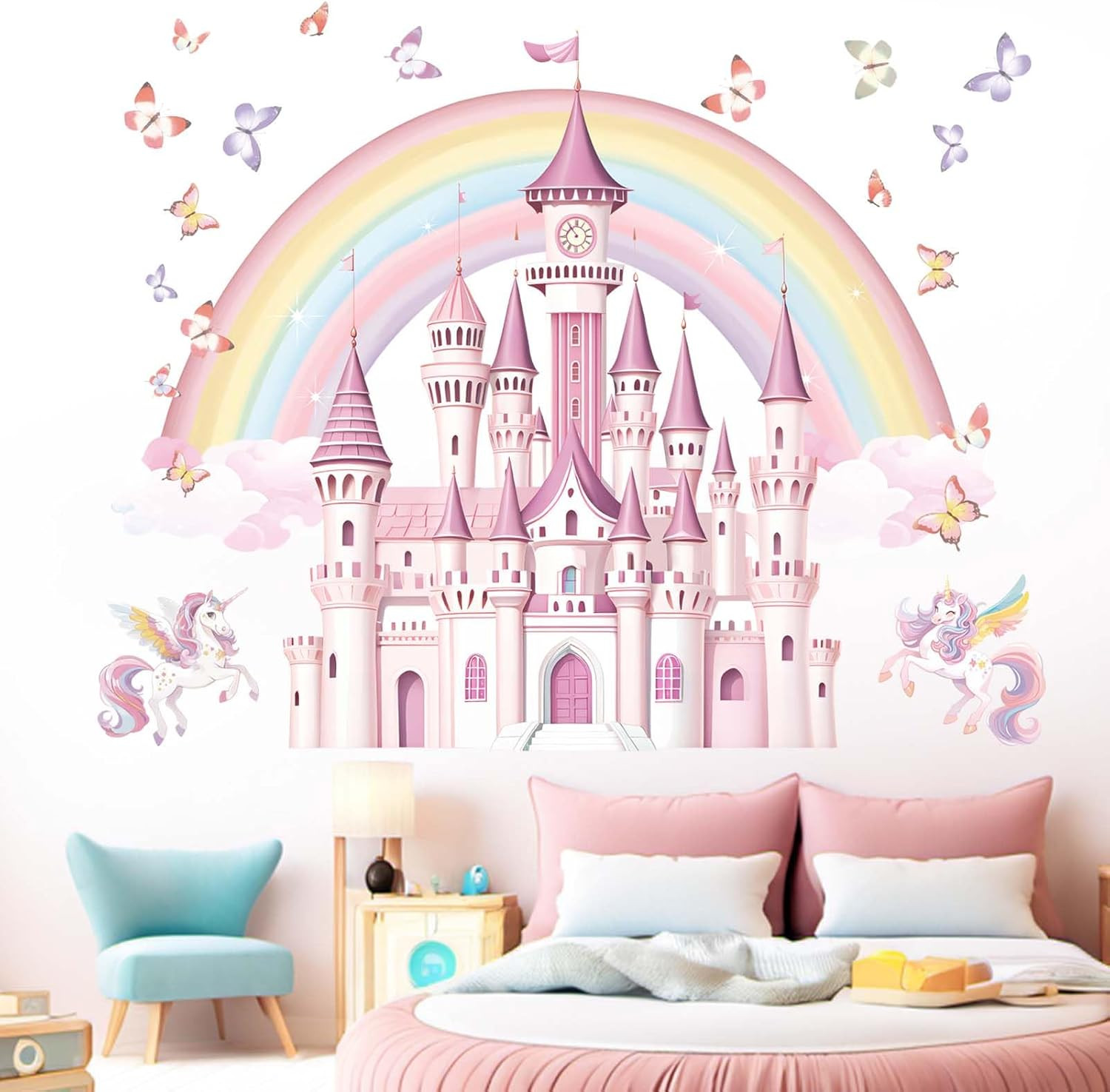 Rainbow Castle Wall Stickers for Girls: Peel and Stick Unicorn Fairy Tale Butter