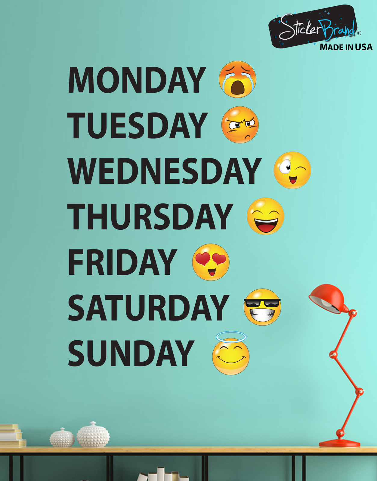 Days of the Week Emoticon Calendar Wall Decal Sticker #6071 Monday thru Sunday
