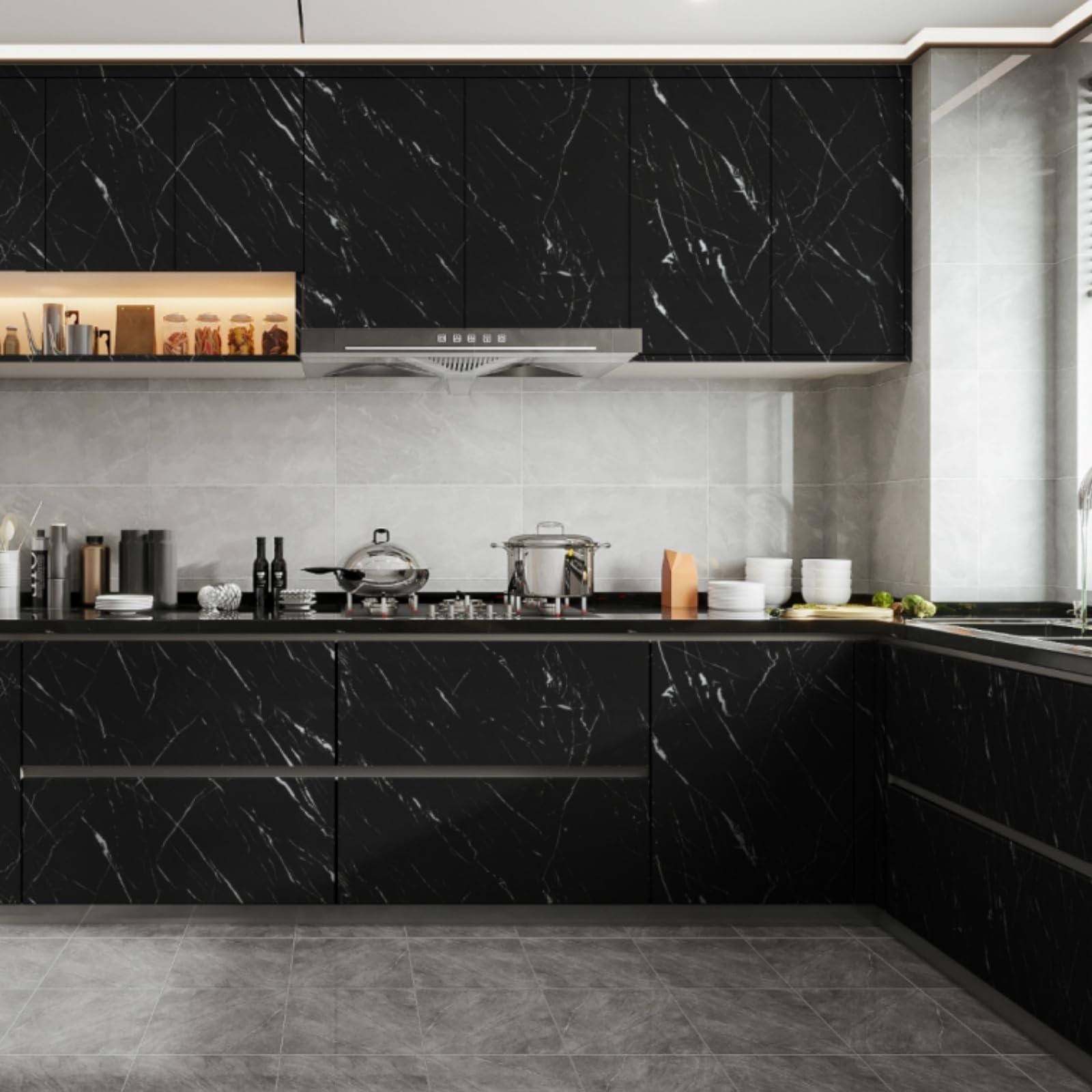 Abyssaly Black Marble Contact Paper Glossy Granite Matte Peel and Stick Wallp…