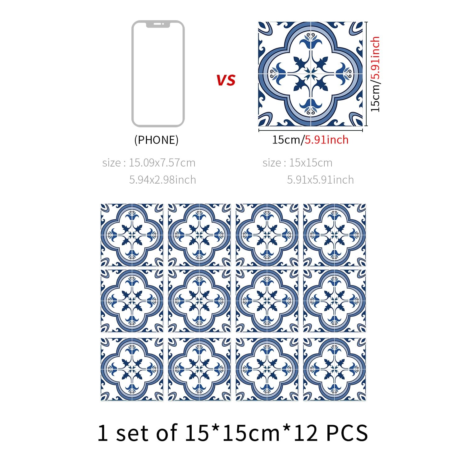 Blue-White Peel and Stick Wallpaper Tile Stickers 6×6 in, 2D Vinyl Decorative…