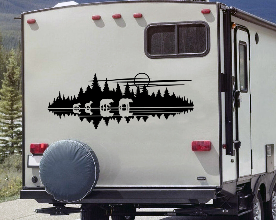 Lake Moon Bear Family in Tree Line Forest Scene Vinyl Decal V7 – RV Camping