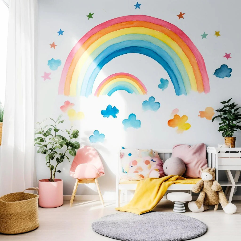 Boho Rainbow Wall Decor Stickers – Watercolor Clouds Stars Decals – Blue Cloud