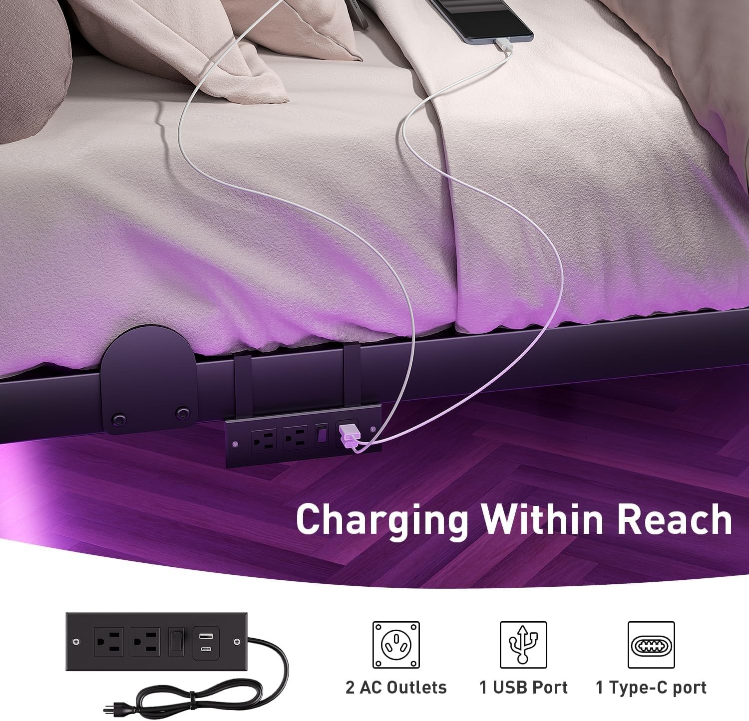 Floating Bed Frame Queen 14 Inch with LED Lights Charging Station Easy Assembly