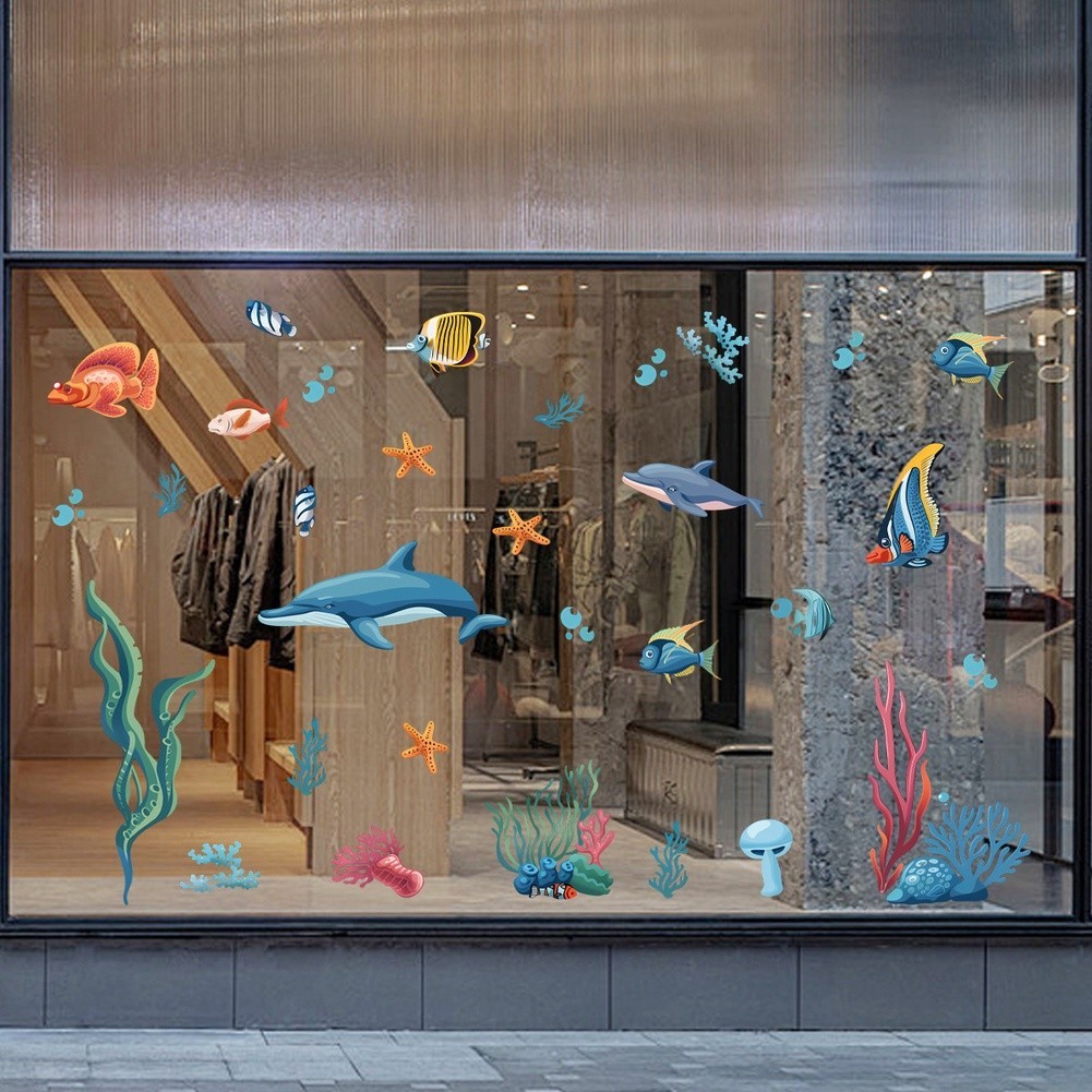 for Blue Sea Life Static Cling Window Decal PVC Material for Kitchen Bathroom