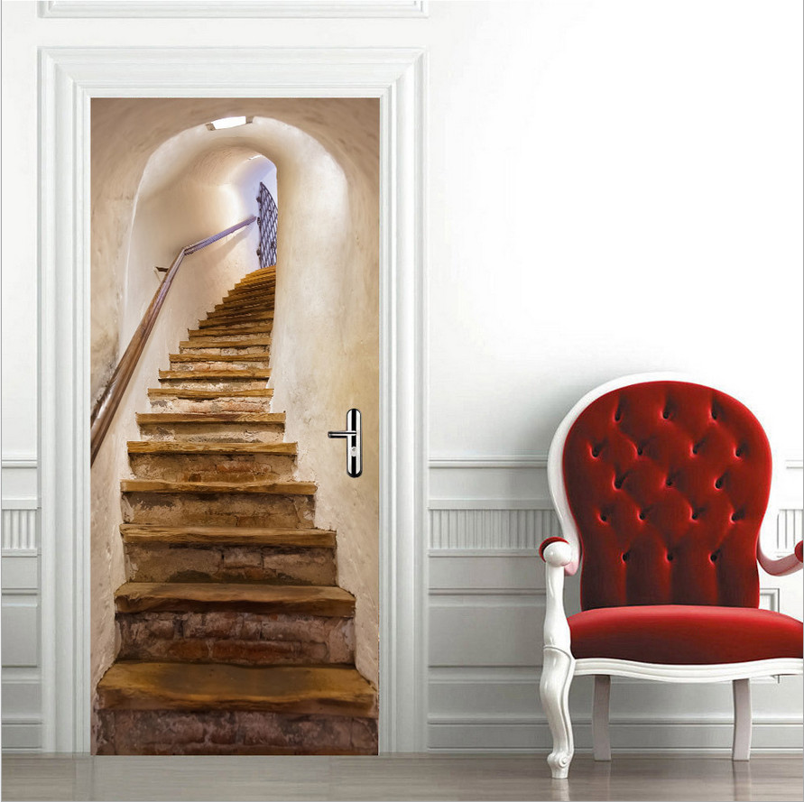 3D Wall Art Basement Retro Stair Door Sticker PVC Decal Self-adhesive Wrap Mural