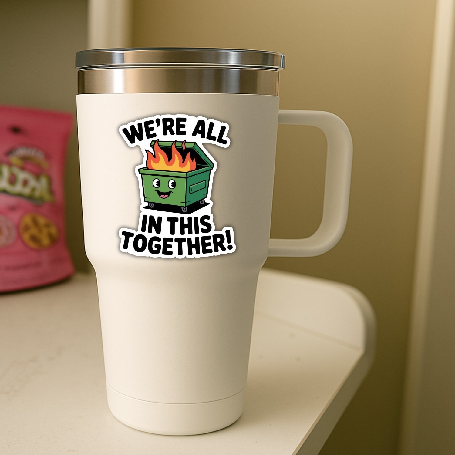 4pcs We’re All In This Dumpster Fire Stickers – Funny Meme Vinyl Decals