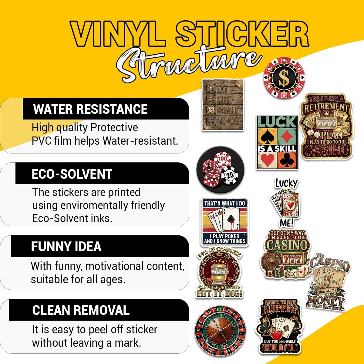 12 Pcs Gambling Stickers, Funny Casino Poker Quotes, Roulette Dice Card Decals,
