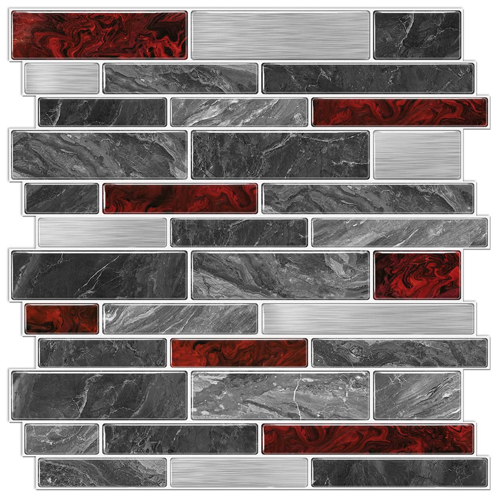 Peel and Stick Tile Backsplash, 12 x 12 inch, Grey & Red Marble