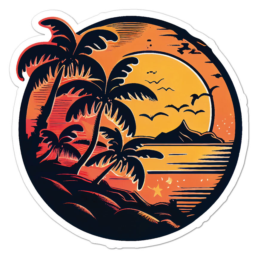 Tropical Sun Palm Trees, Vinyl Decal Sticker, Indoor Outdoor, 3 Sizes, #9797