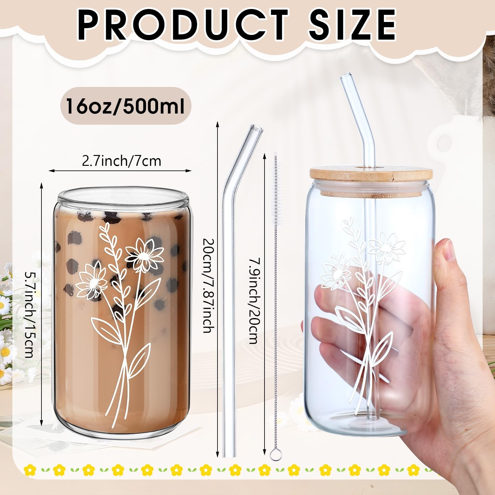 8 Pcs Spring Floral Glass Cups with Lids and Straws 16 oz Cute Flower Iced Co…