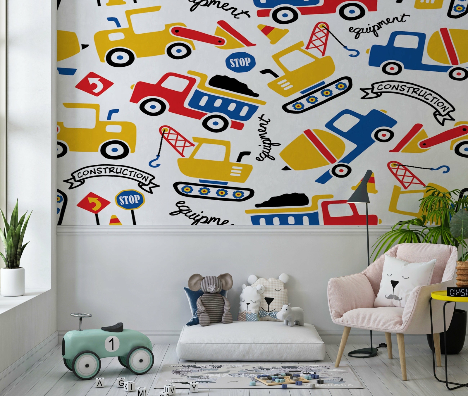 Cartoon Construction Vehicles Wallpaper – Large Wall Mural – Self-adhesive