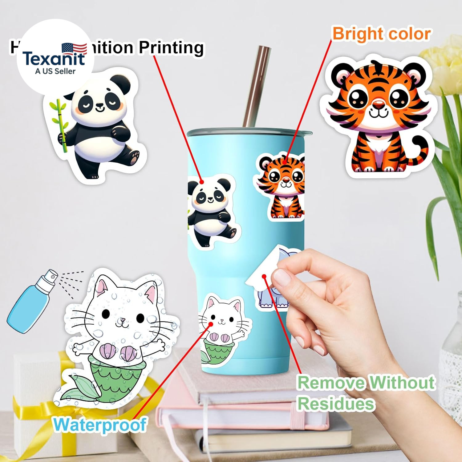 100 PCS Water Bottle Stickers for Kids,Waterproof Vinyl Animal Stickers for Kids