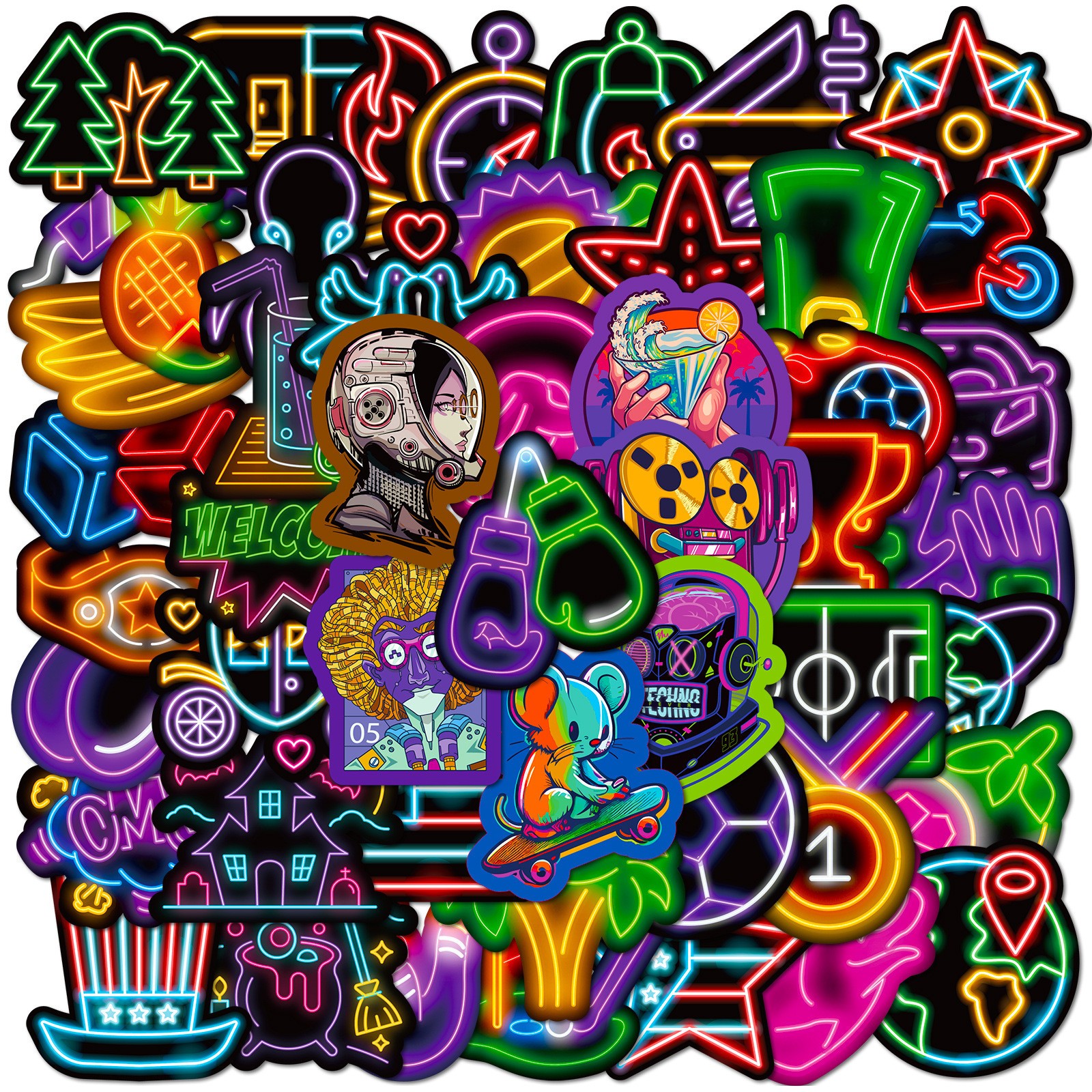 50pcs Waterproof Vinyl Stickers Variety Neon Style Luggage Phone Laptop Fridge