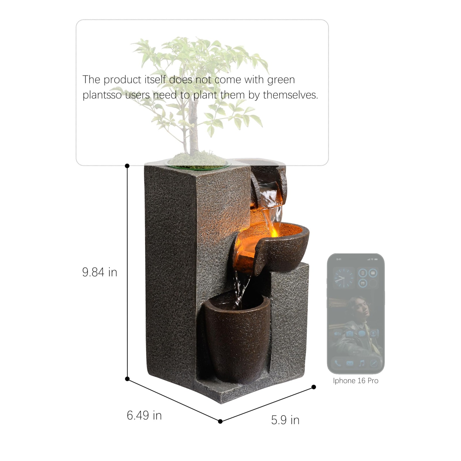 Resin Tabletop Waterfall Fountain with LED Light & Plant Pot, Indoor Desk Wat…