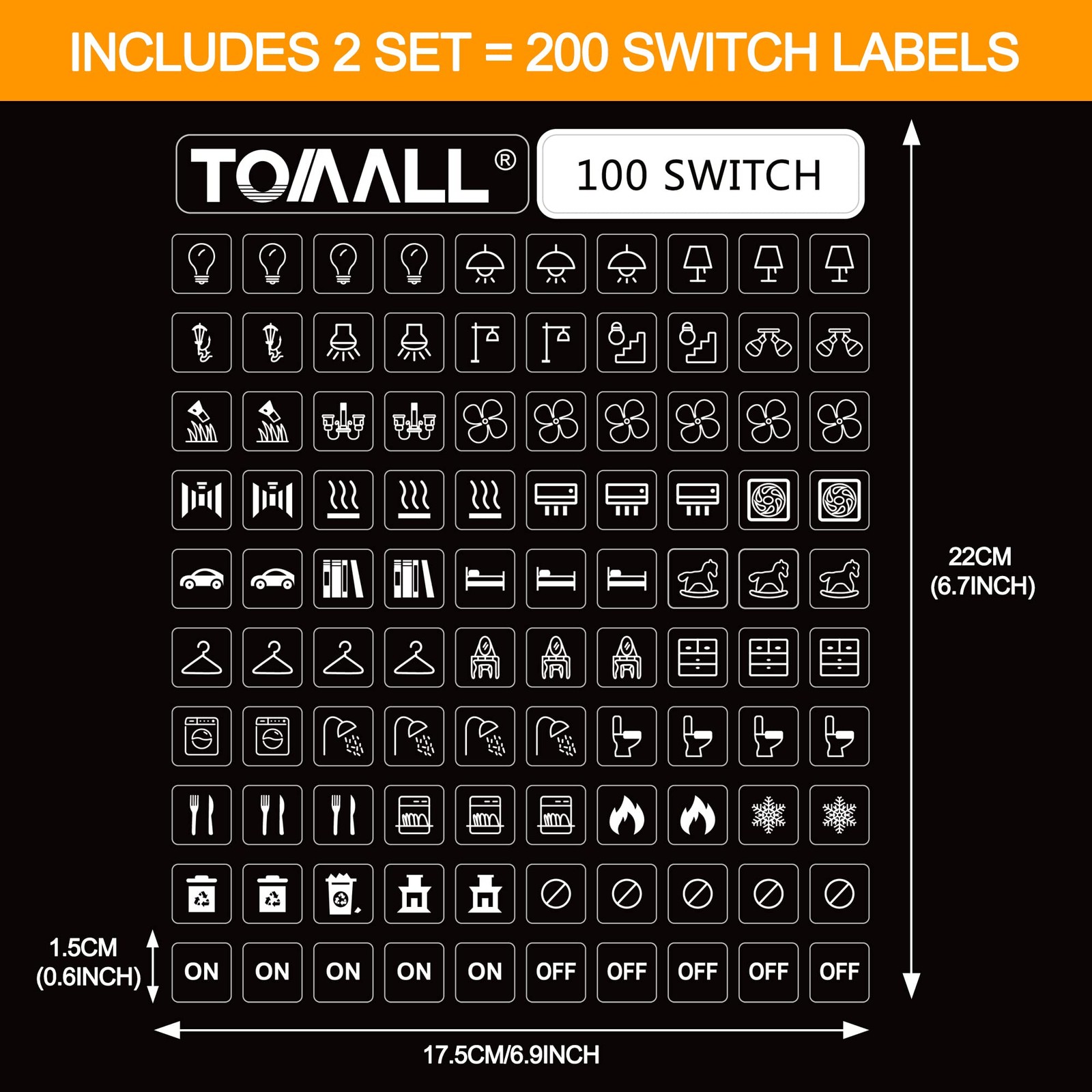 TOMALL 200Pcs Light Switch Labels Icon Stickers Household 100-white