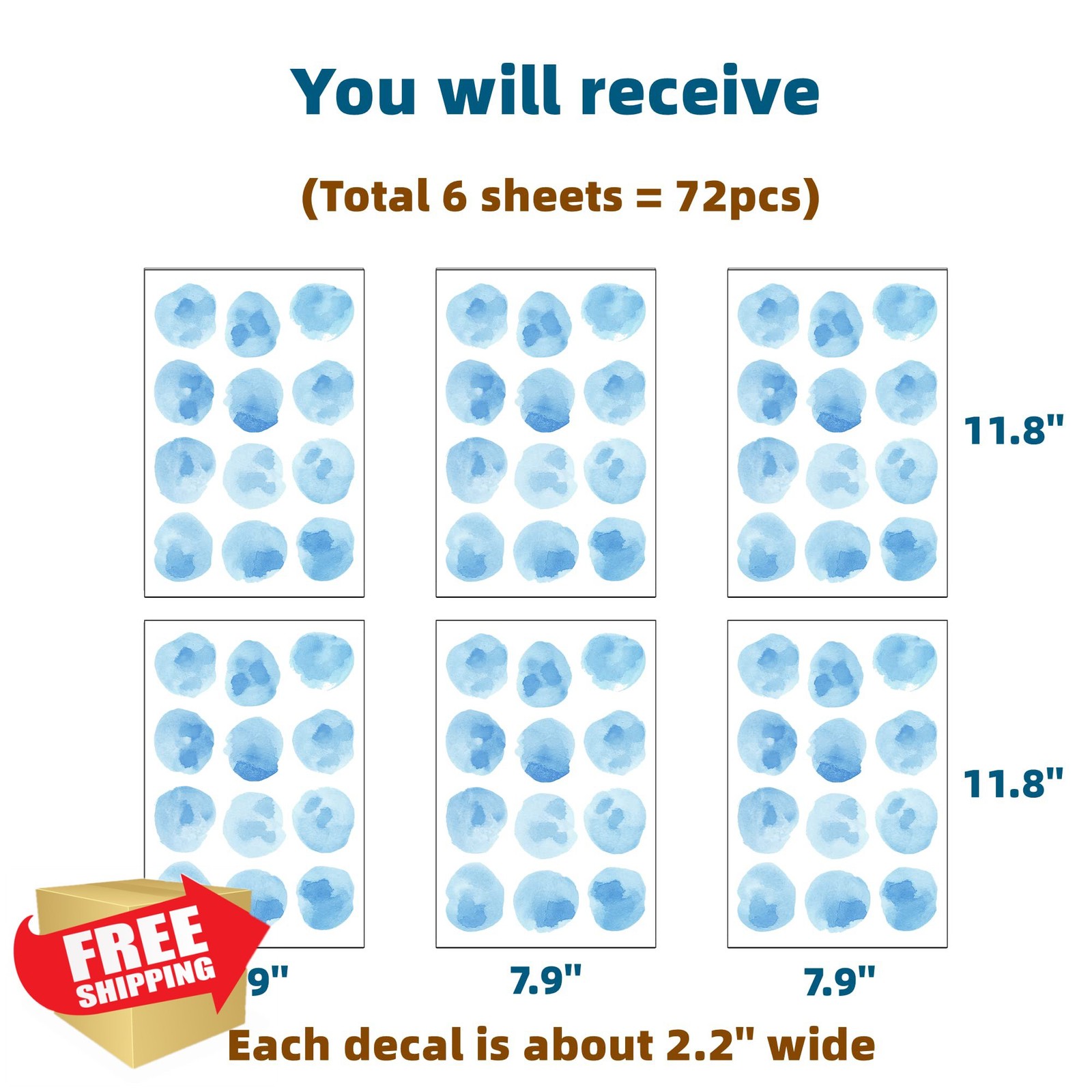 RoyoLam 72pk Sky Blue Polka Dot Wall Decals Nursery Watercolor Kids