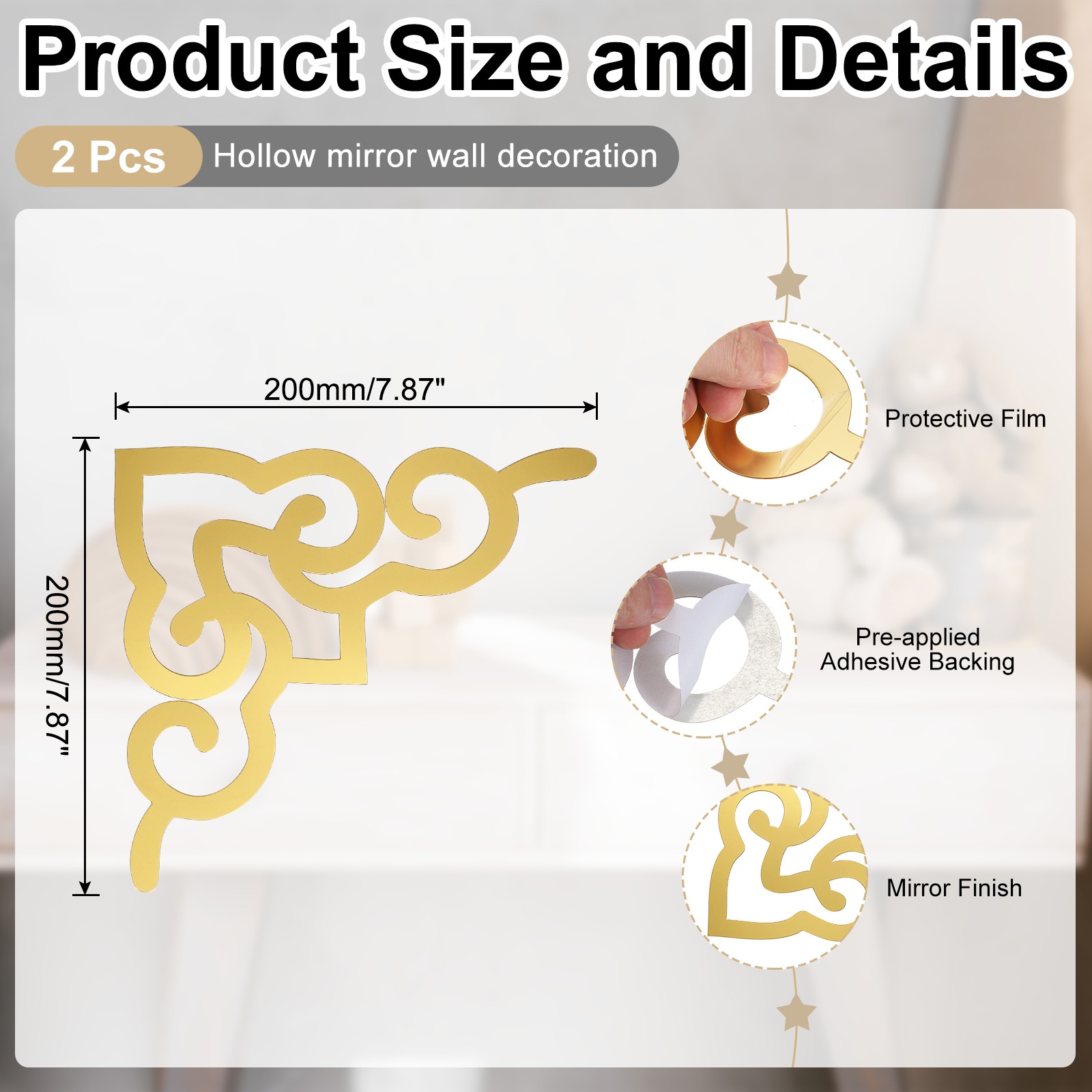 2 Pcs Hollow Mirror Wall Stickers (Light Gold Tone, 7.9 x 7.9")