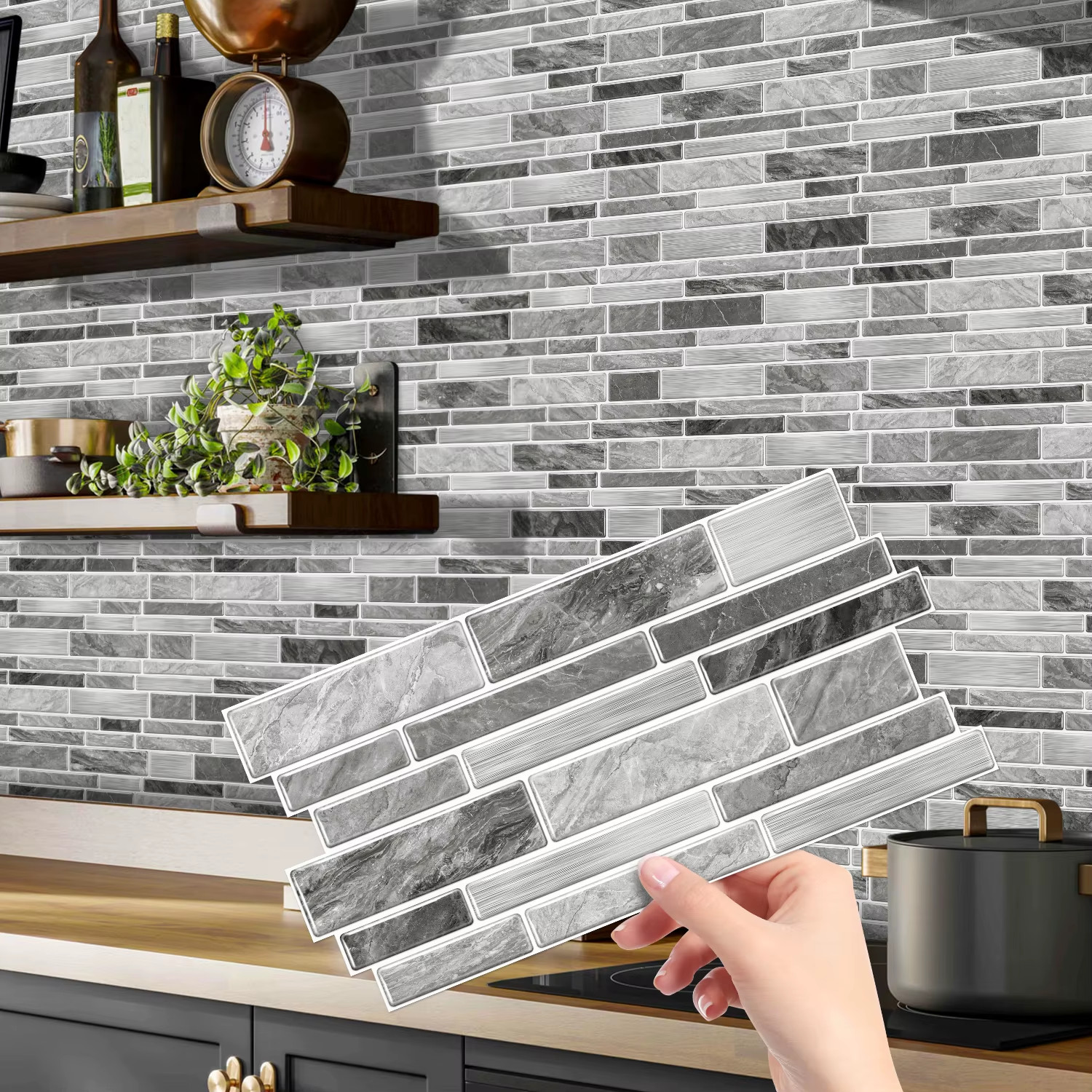 48 Pack Self Adhesive Faux Marble Wall Tile Stickers Kitchen Bath Decor, Gray