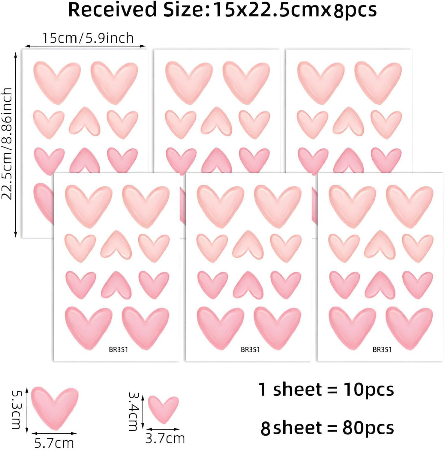 80 Pieces Pink Heart Shape Wall Stickers for Bedroom, PVC, Girls Room Decor, Kid
