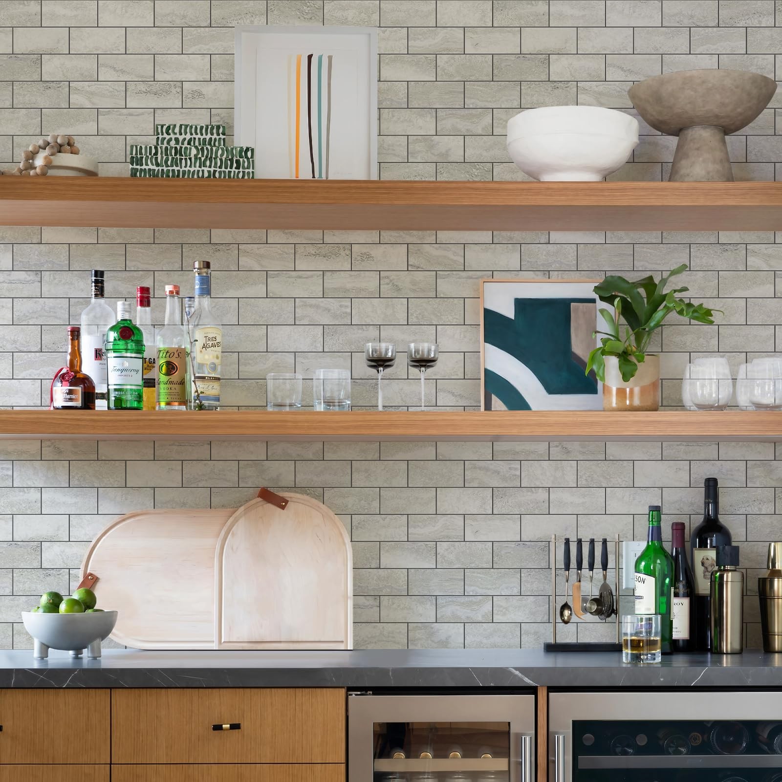 10-Sheet Subway Tile Cream Peel and Stick Backsplash, Beige Stone Texture wit…