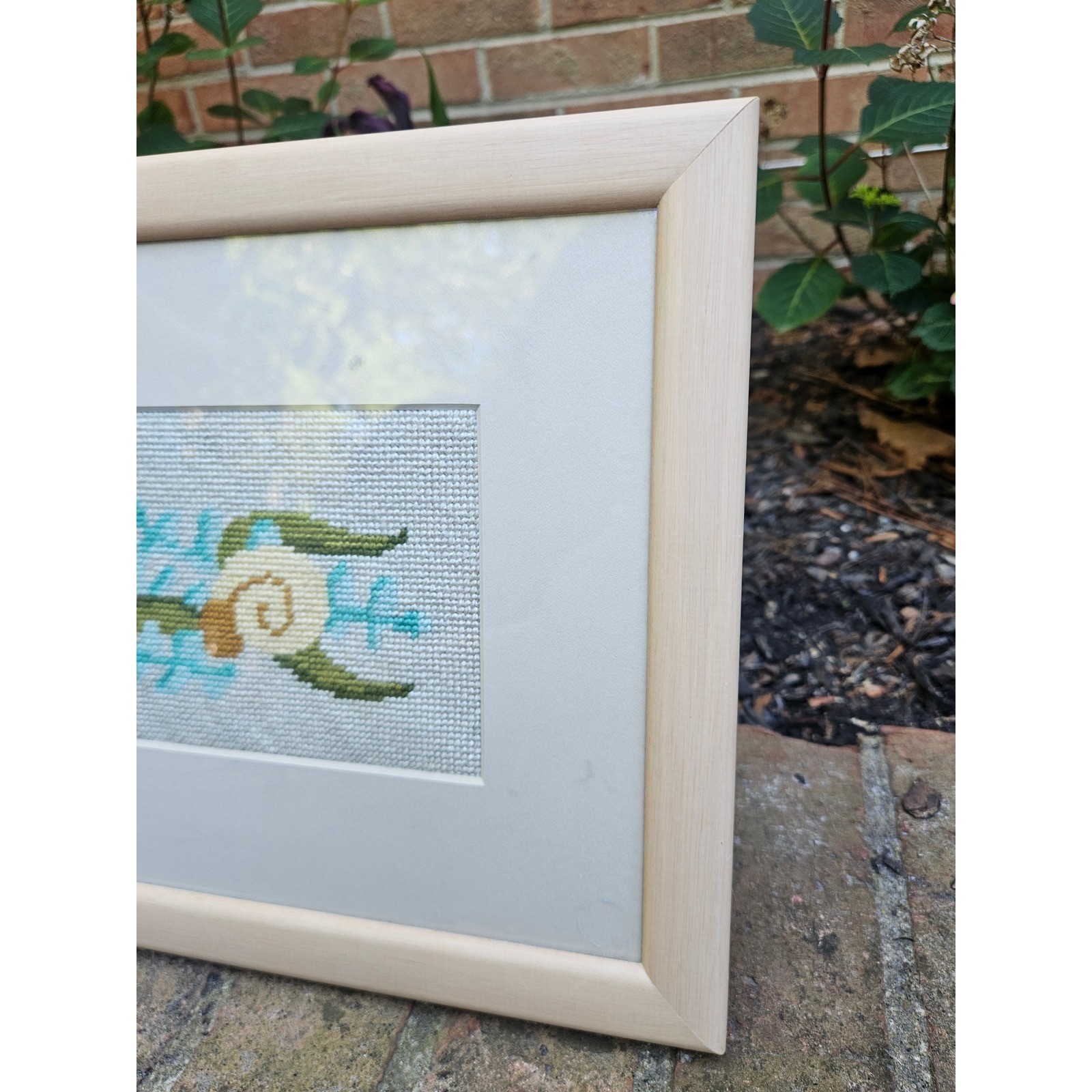 Vintage Matted & Framed Seashell Cross Stitch Art, 25" x 9.75" Ocean Beachhouse