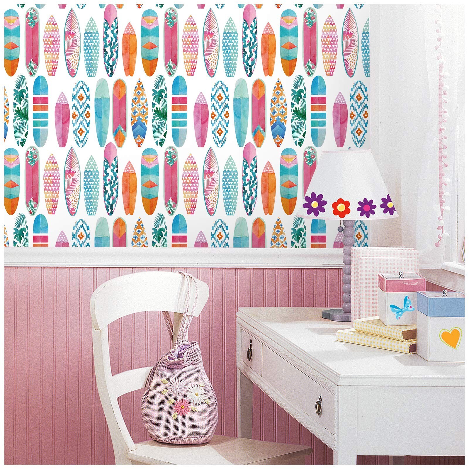 HAOKHOME Peel and Stick Surfboard Wallpaper Fancy Trellis White/Pink/Blue Rem…